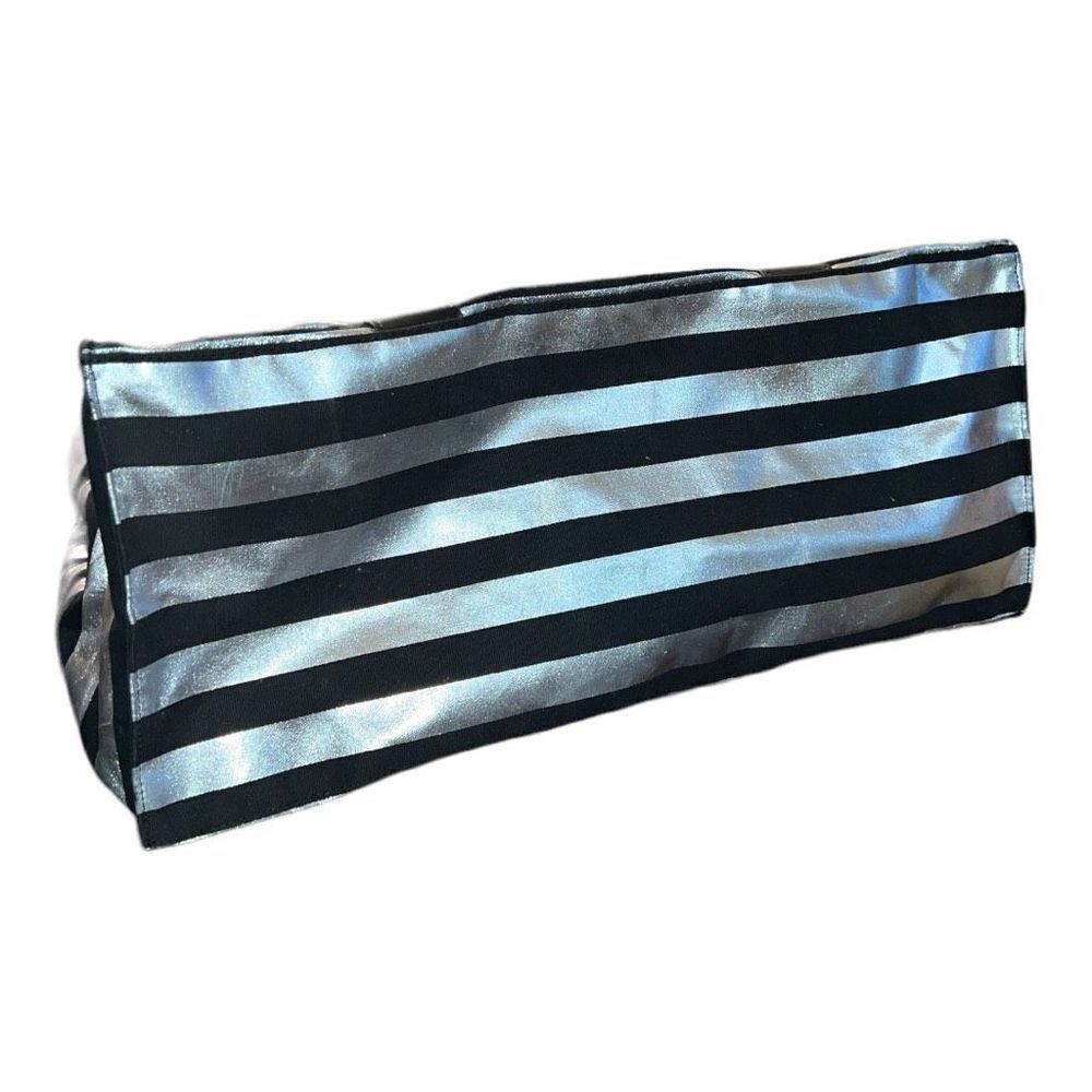 Victoria's Secret X-Large Black Metallic Silver Horizontal Striped Tote Bag - Picture 5 of 5